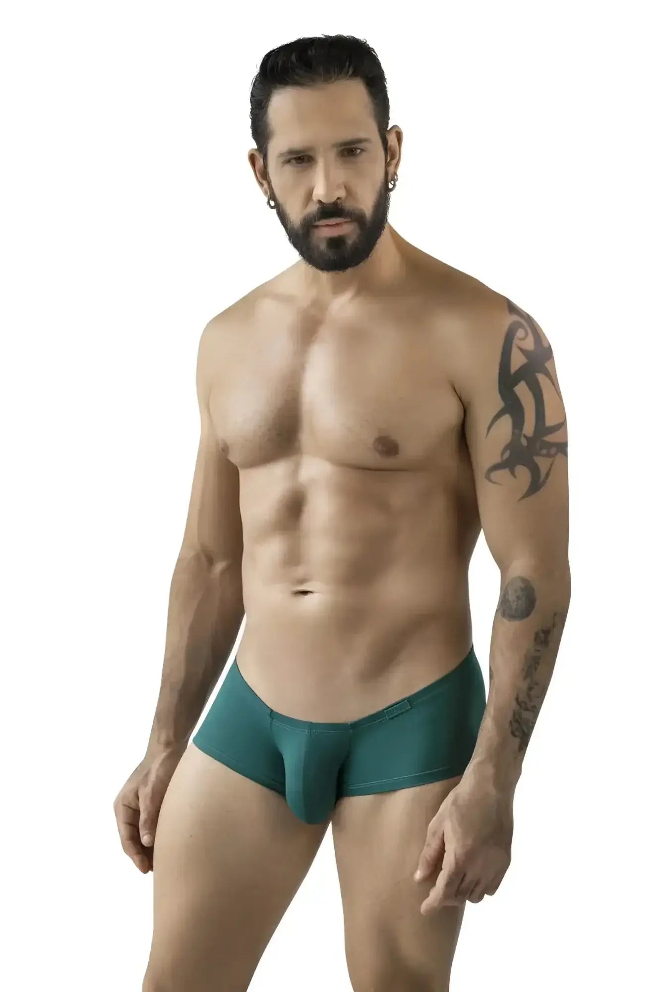Teal-coloured form-fitting men’s briefs with smooth fabric finish from clever 229963 3pk Australian Latin trunks.