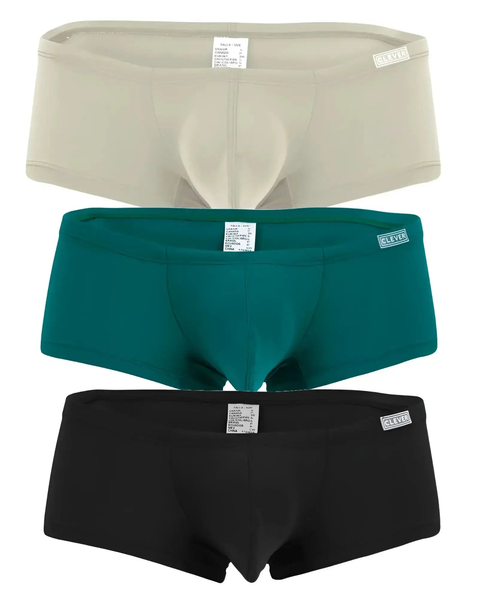 Three pairs of clever brand men’s latin trunks in beige teal and black showcasing soft comfortable fabric