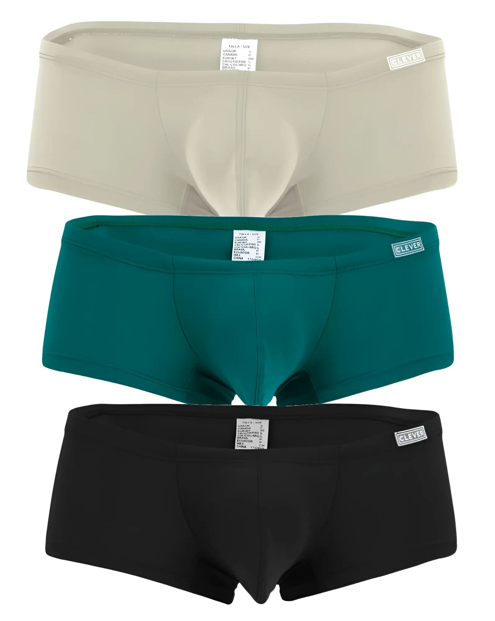 Three pairs of clever brand men’s latin trunks in beige teal and black showcasing soft comfortable fabric