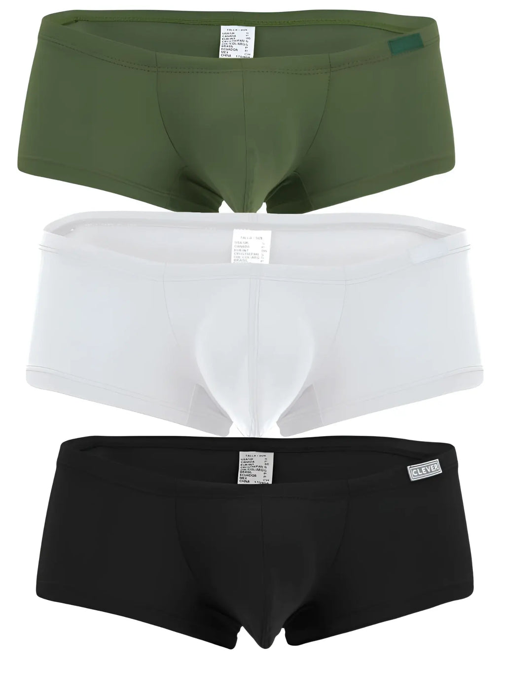 Three pairs of clever 229964 australian latin trunks briefs in olive green white and black for comfortable everyday wear