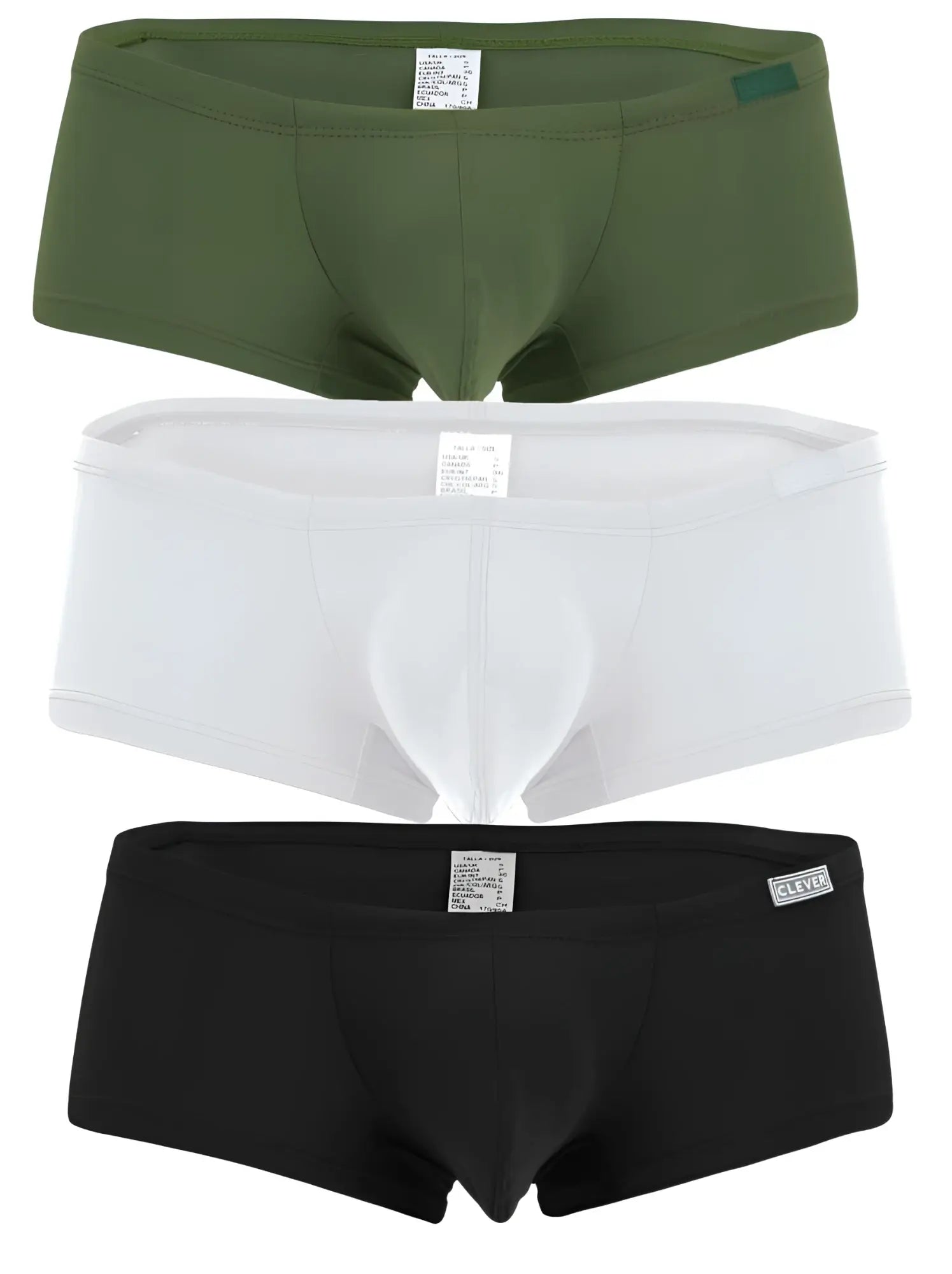 Three pairs of clever 229964 australian latin trunks briefs in olive green white and black for comfortable everyday wear
