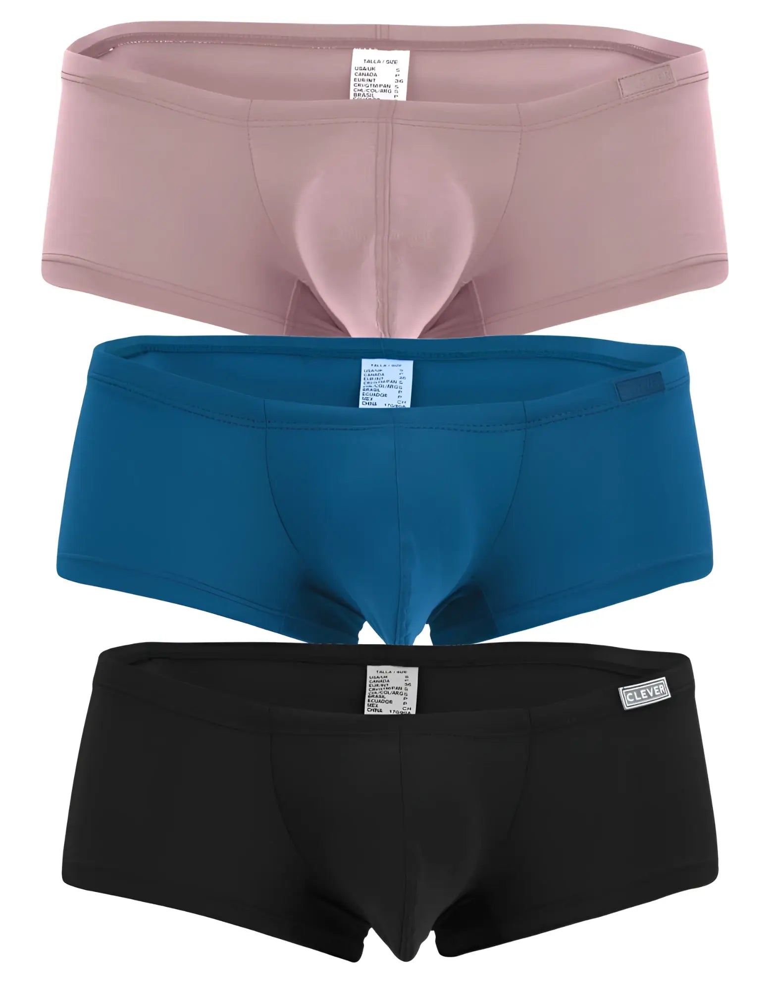Three pairs of clever australian latin trunks in pink blue and black with smooth fabric and contoured design