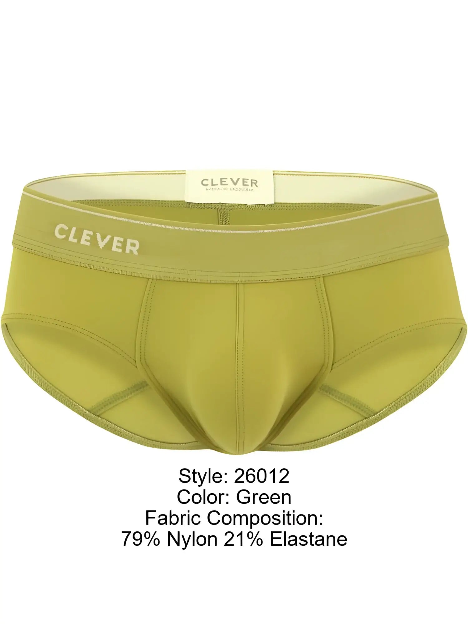 Front view of green Clever 26012 Atenea briefs with branded waistband.
