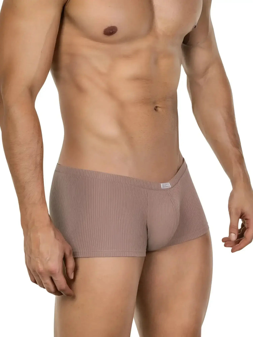 Clever 26015 Apolo trunks in sand color, shown in a front view on a model.