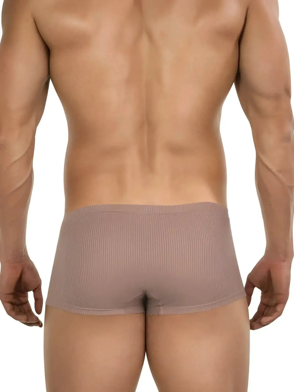 Clever 26015 Apolo trunks in sand, back view on a model showing the ribbed fabric.