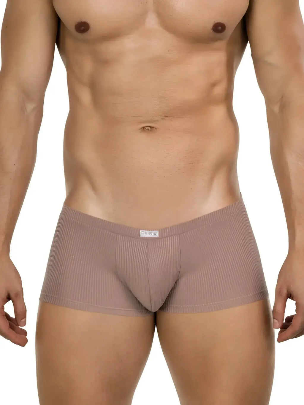 Front view of Clever 26015 Apolo trunks in sand color on a model.