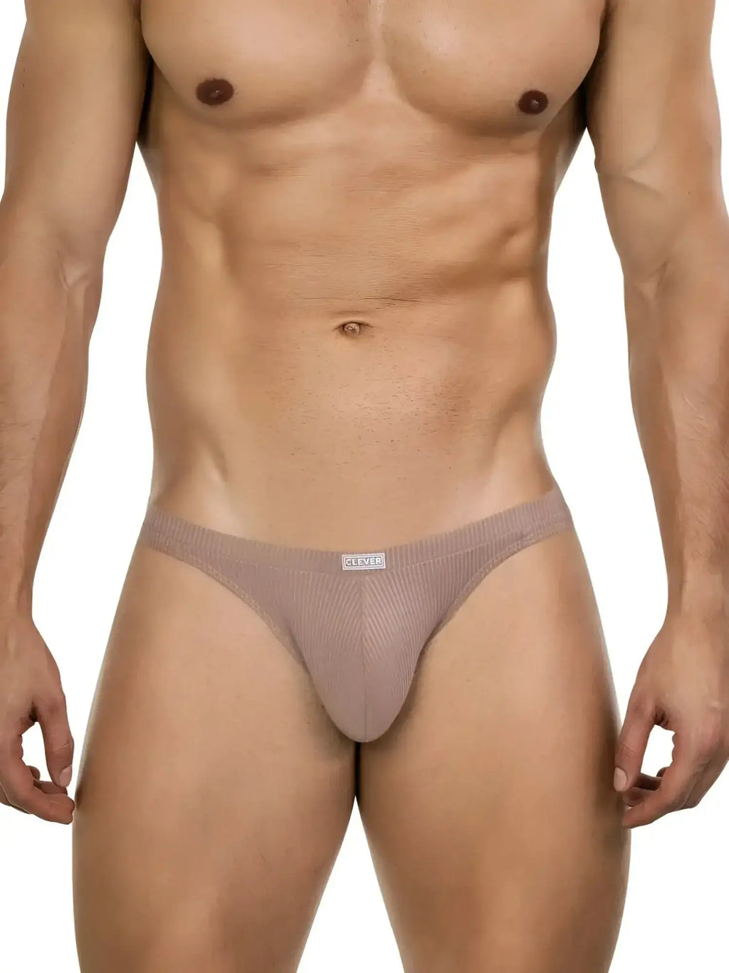 Front view of Clever 26018 Apolo bikini in sand color on a fit model.