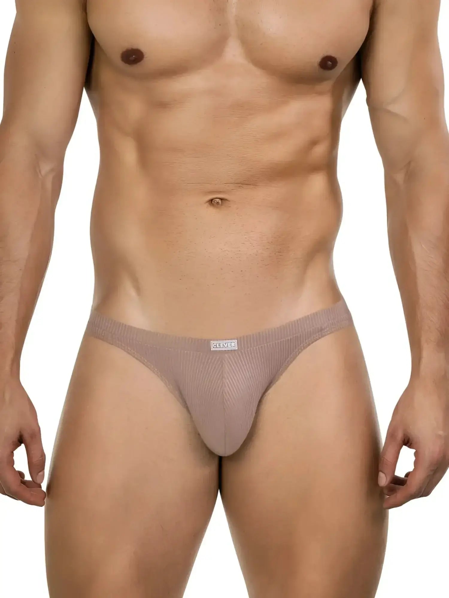 Front view of Clever 26018 Apolo bikini in sand color on a fit model.