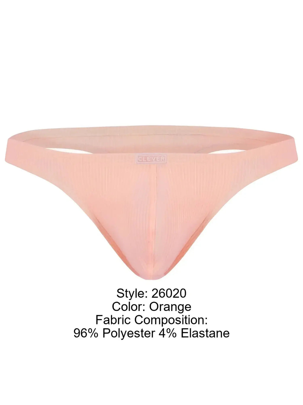 Front view of the orange Clever 26020 Apolo thong, featuring a ribbed fabric design with a centered logo label.