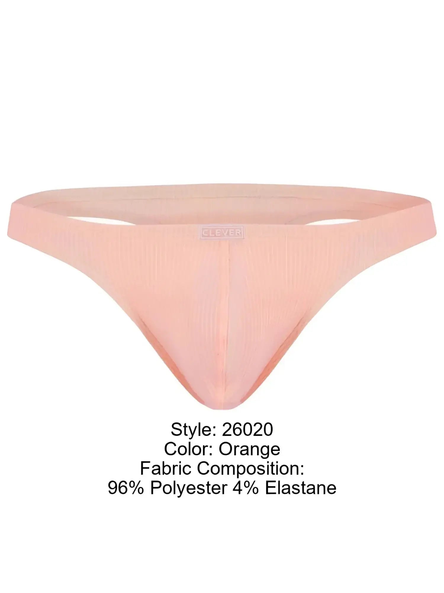 Front view of the orange Clever 26020 Apolo thong, featuring a ribbed fabric design with a centered logo label.