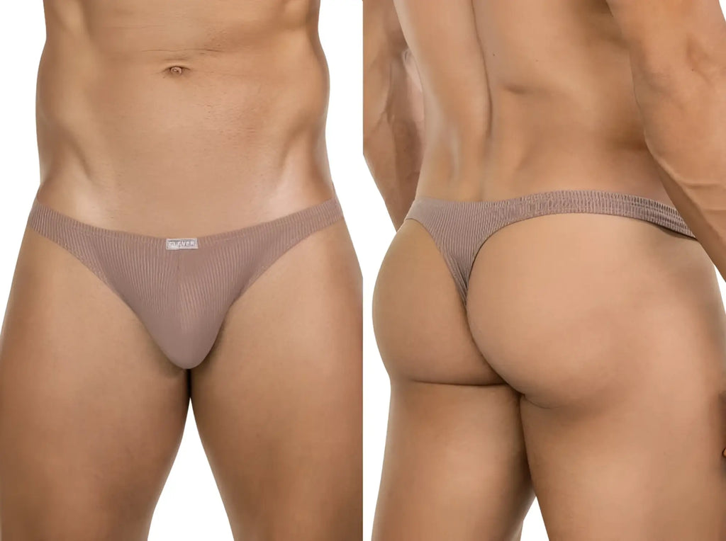 Clever 26021 Apolo thong in sand: front and back views showing minimalist ribbed fabric design.