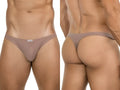 Clever 26021 Apolo thong in sand: front and back views showing minimalist ribbed fabric design.