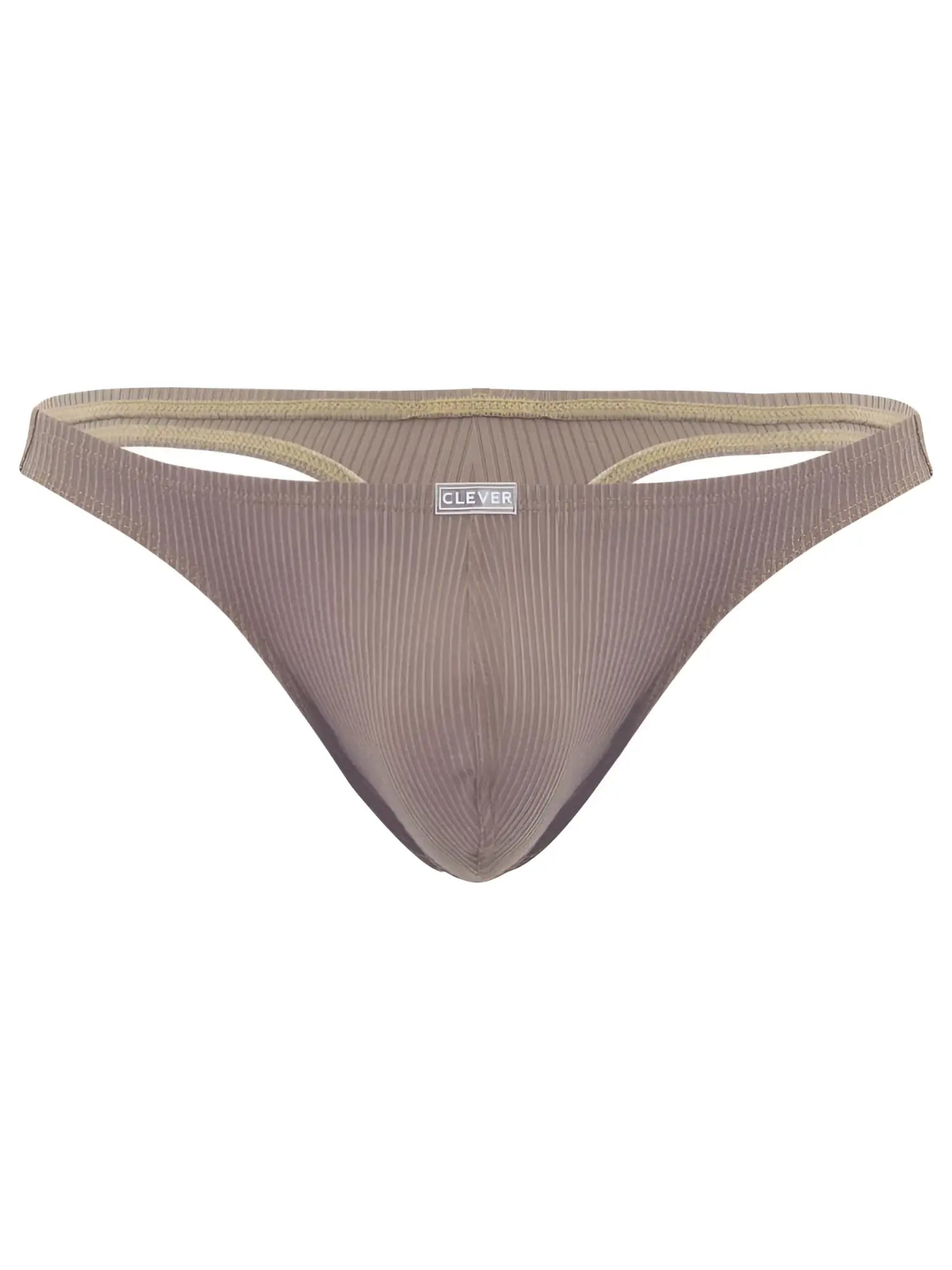 Front view of the Clever 26021 Apolo thong in sand, featuring a ribbed fabric design.