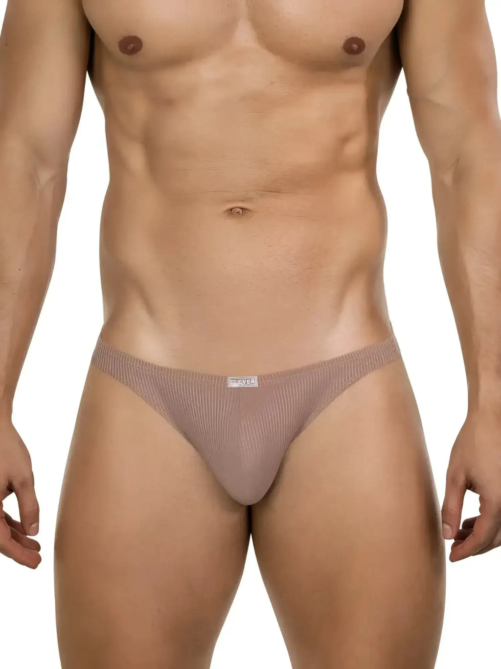 Front view of Clever 26021 Apolo thong in sand color on a model.
