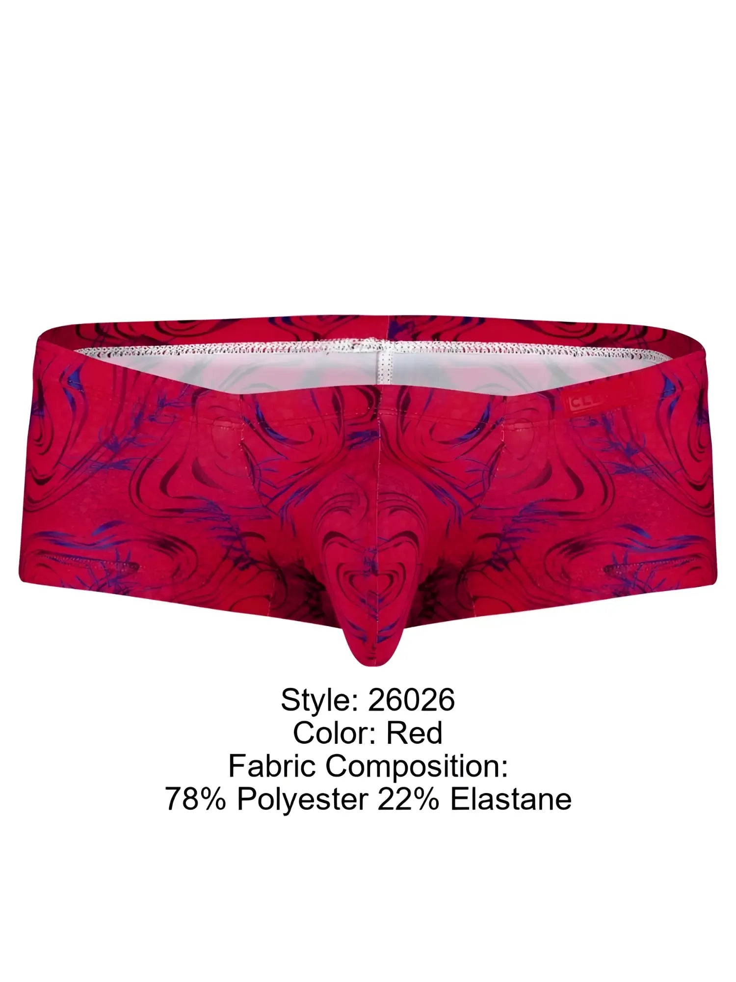 Front view of Clever 26026 Helion trunks in red with a modern bold print pattern.