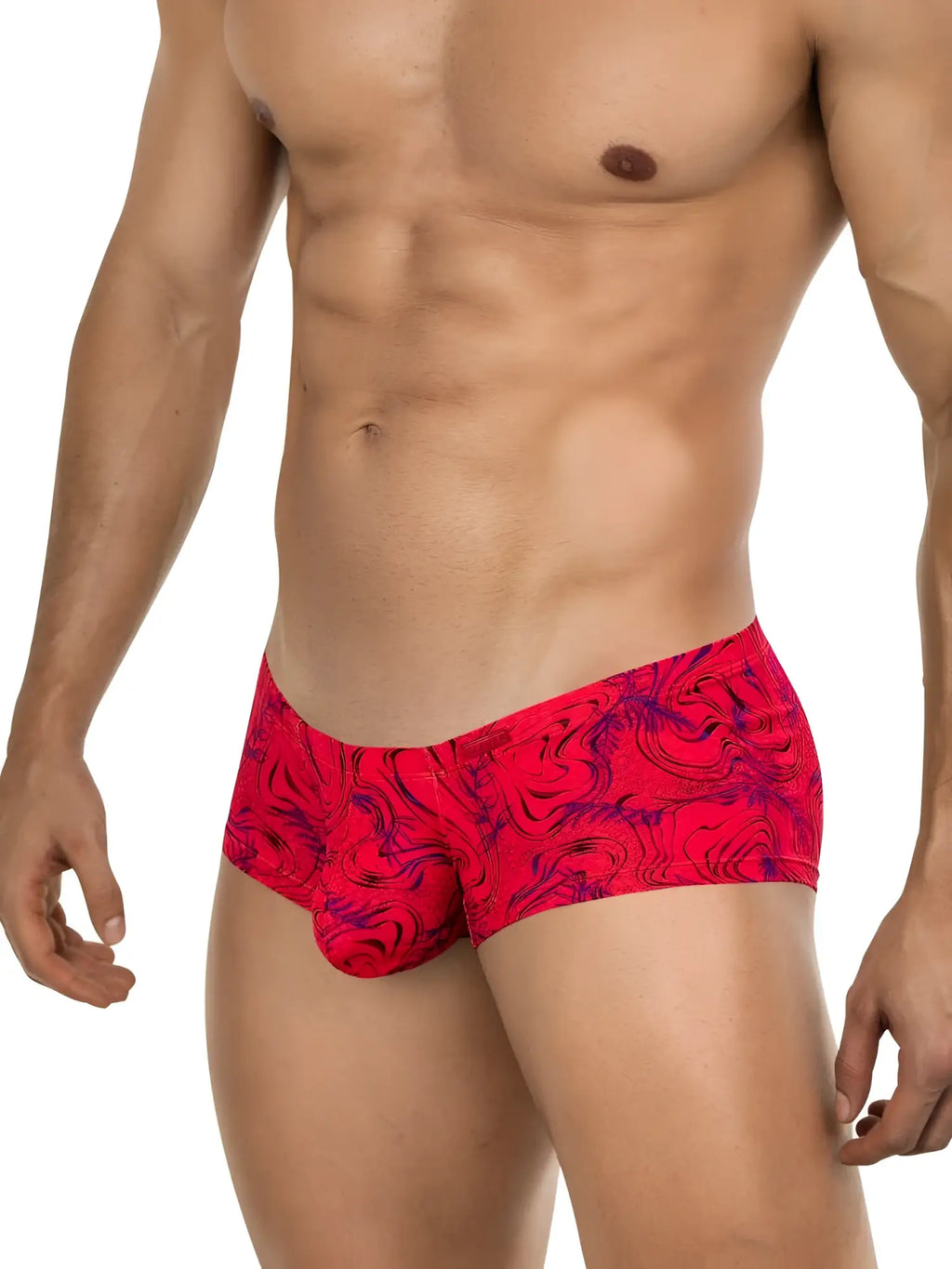 Clever 26026 Helion red swirl trunks, lifestyle shot on a model showing a front view.