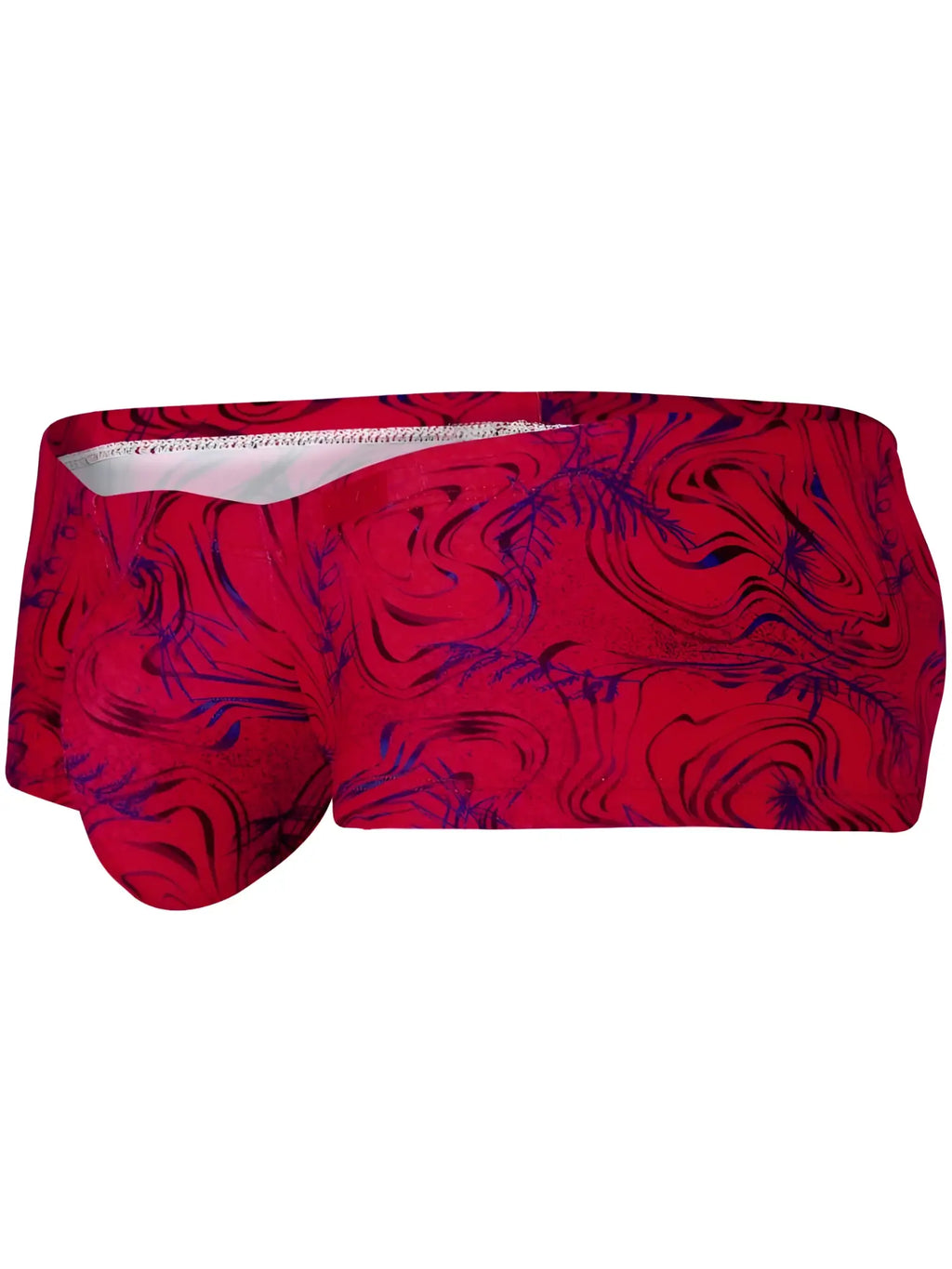Front view of red Clever 26026 Helion trunks with a bold, vibrant modern abstract print.