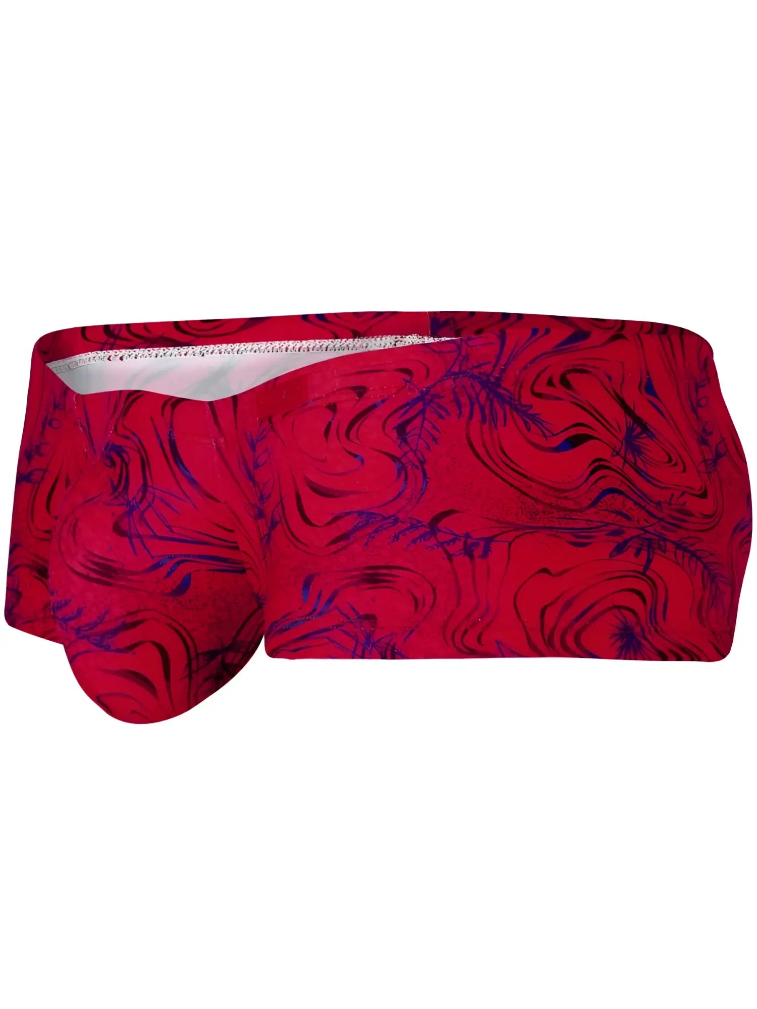 Front view of red Clever 26026 Helion trunks with a bold, vibrant modern abstract print.