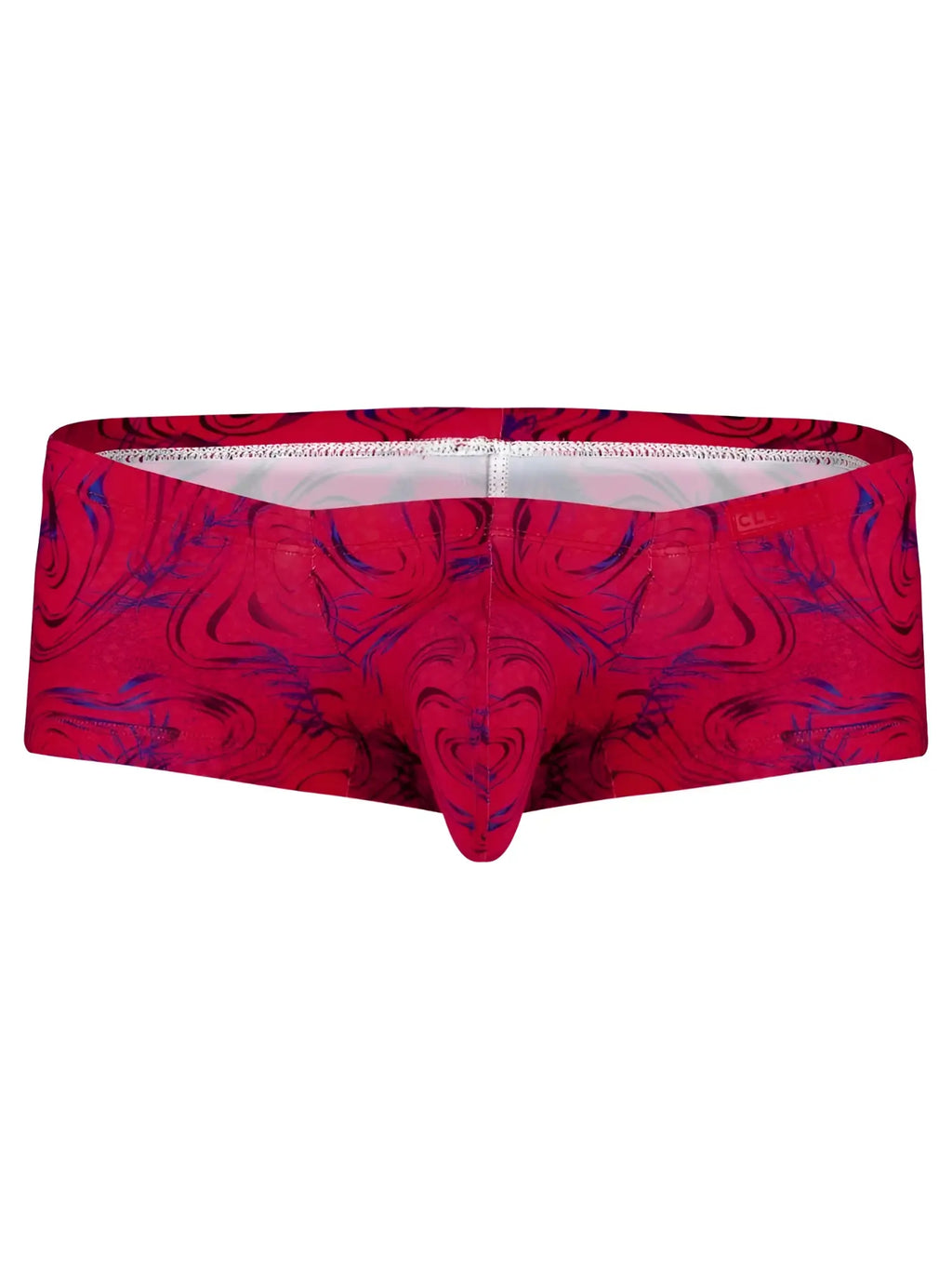 Front view of Clever 26026 Helion trunks in vibrant red with blue abstract swirl patterns.