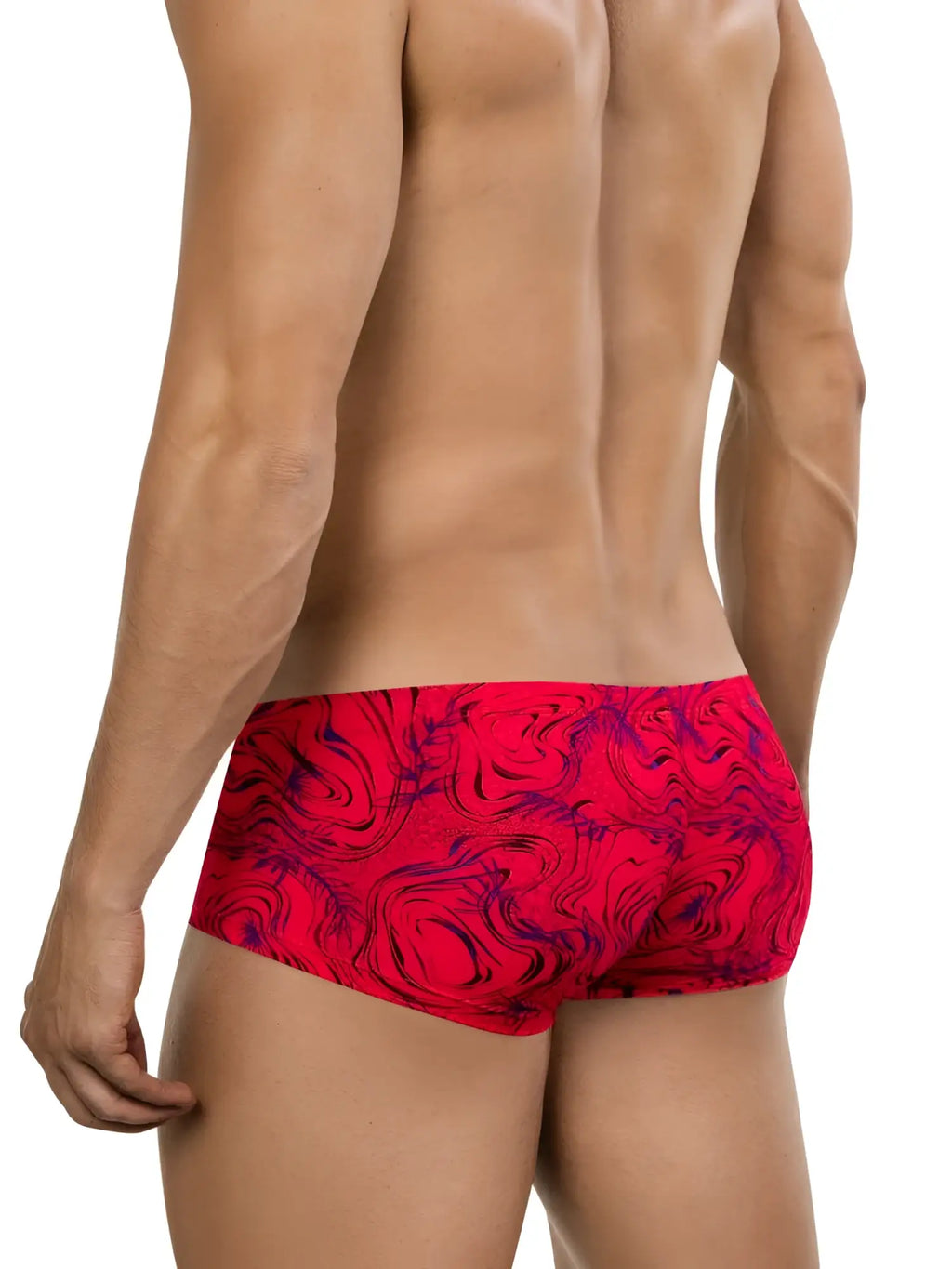 Clever 26026 Helion Trunks in red with a swirling print, shown from a rear-view angle.