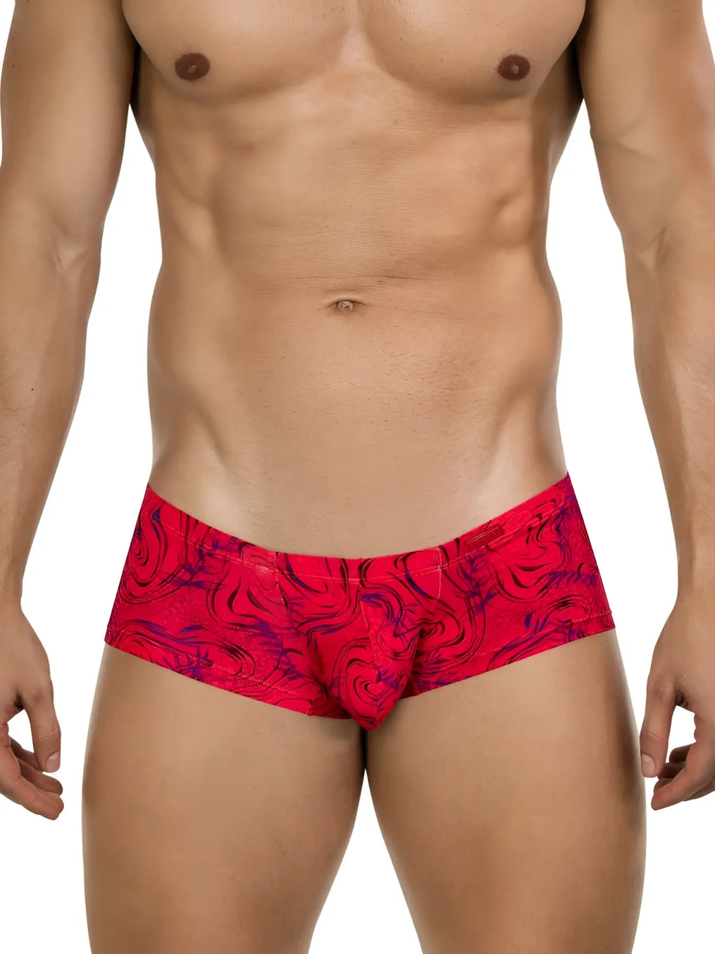 Front view of the red Clever 26026 Helion trunk featuring a bold, vibrant modern pattern on a male model.