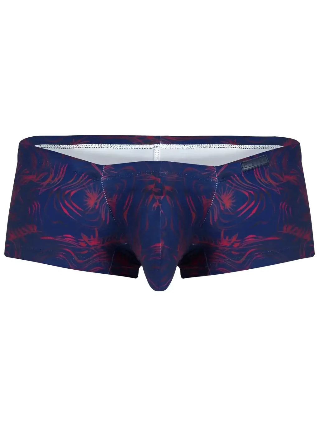 Front view of Clever 26027 Helion blue trunks with a red patterned design.