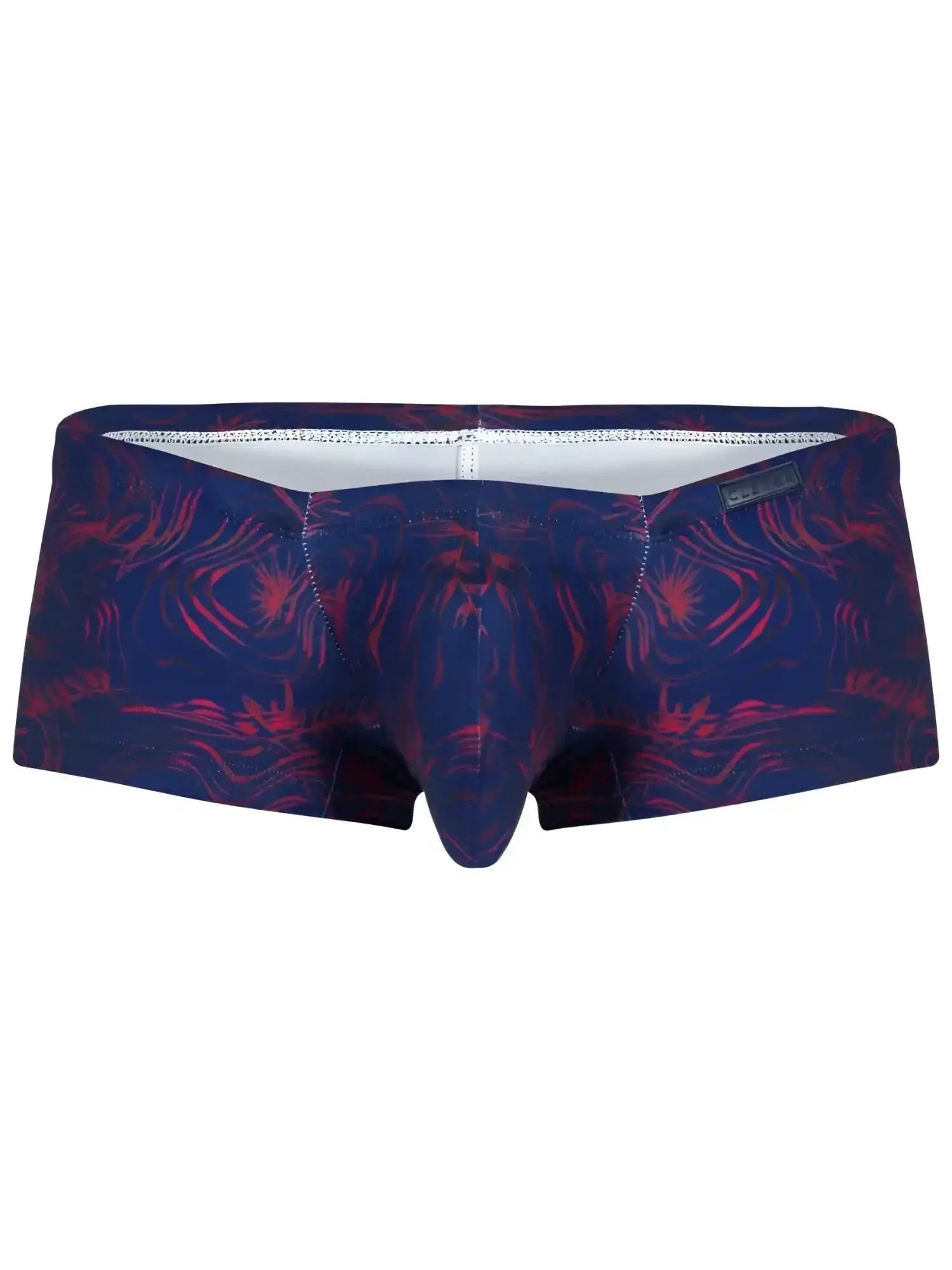 Front view of Clever 26027 Helion blue trunks with a red patterned design.