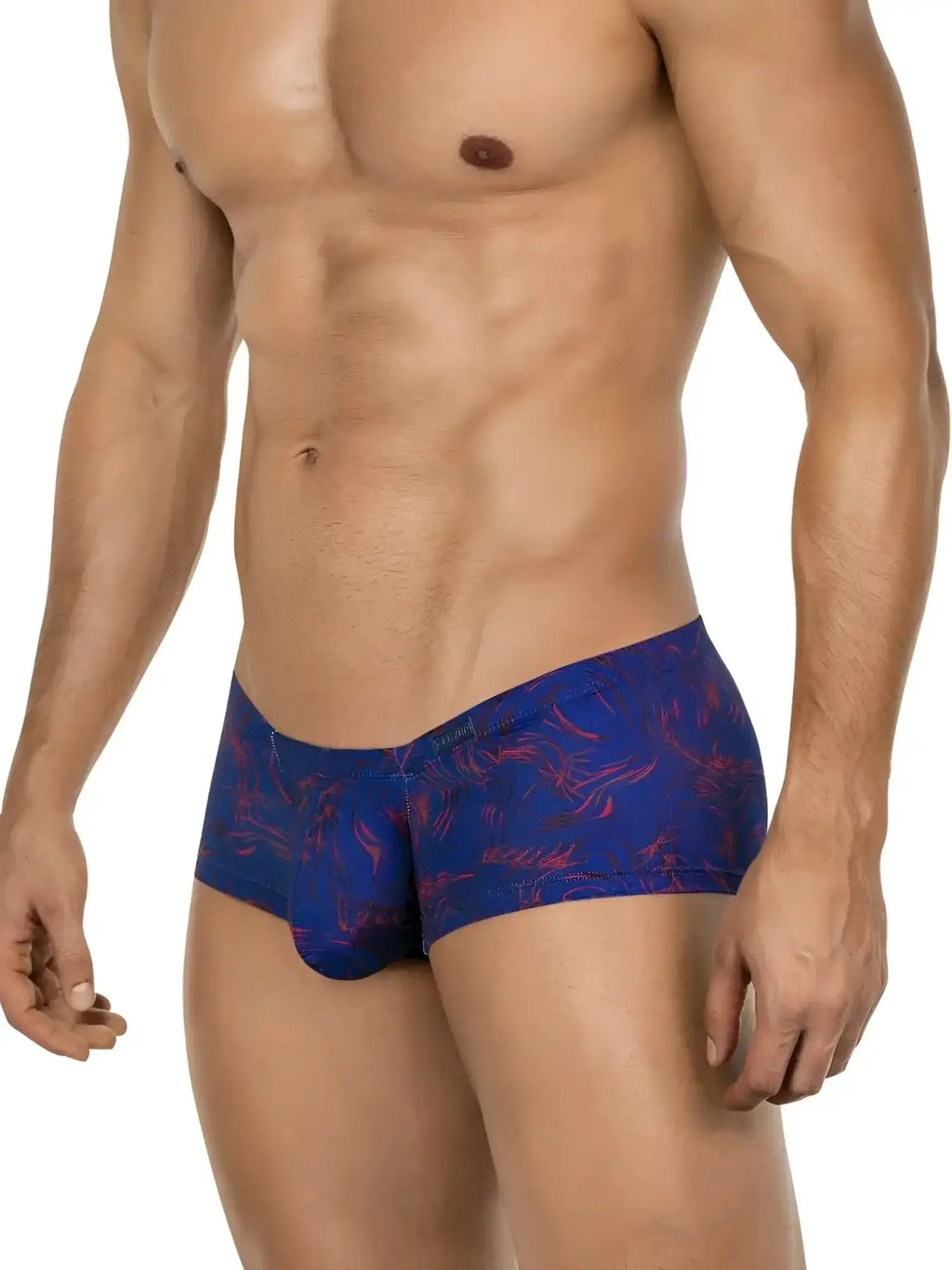 Clever 26027 Helion trunks in blue, front view on a model showing the patterned print.