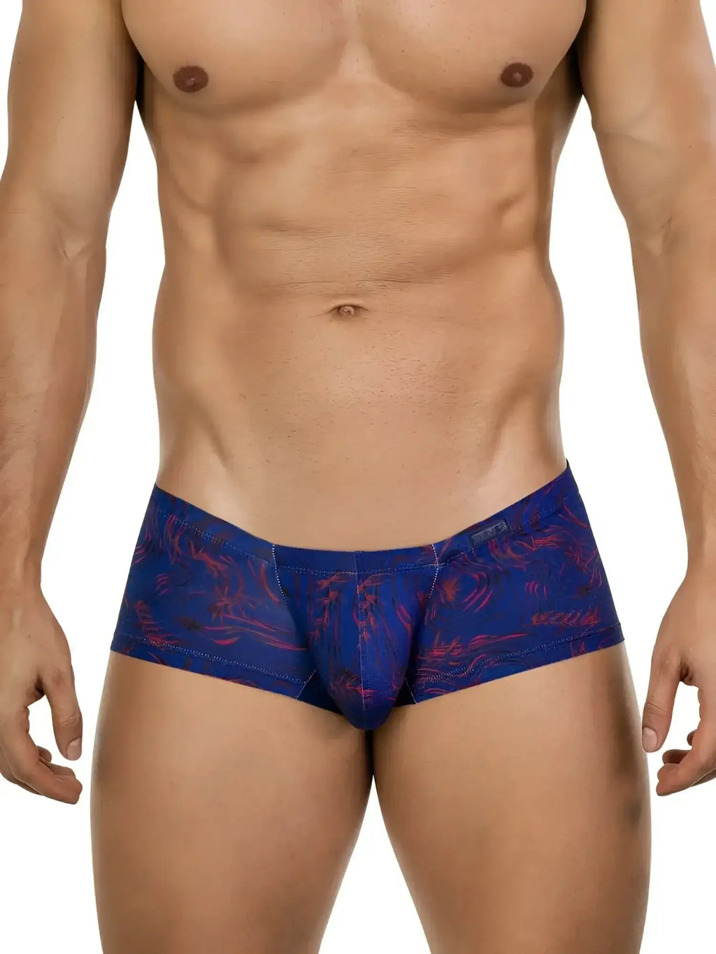 Front view of a model wearing Clever 26027 Helion trunks in blue with a patterned design.