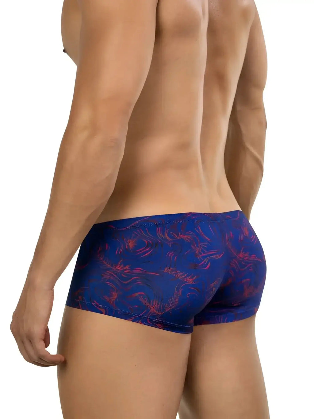 Rear view of the blue Clever 26027 Helion trunks featuring a patterned design on a model.
