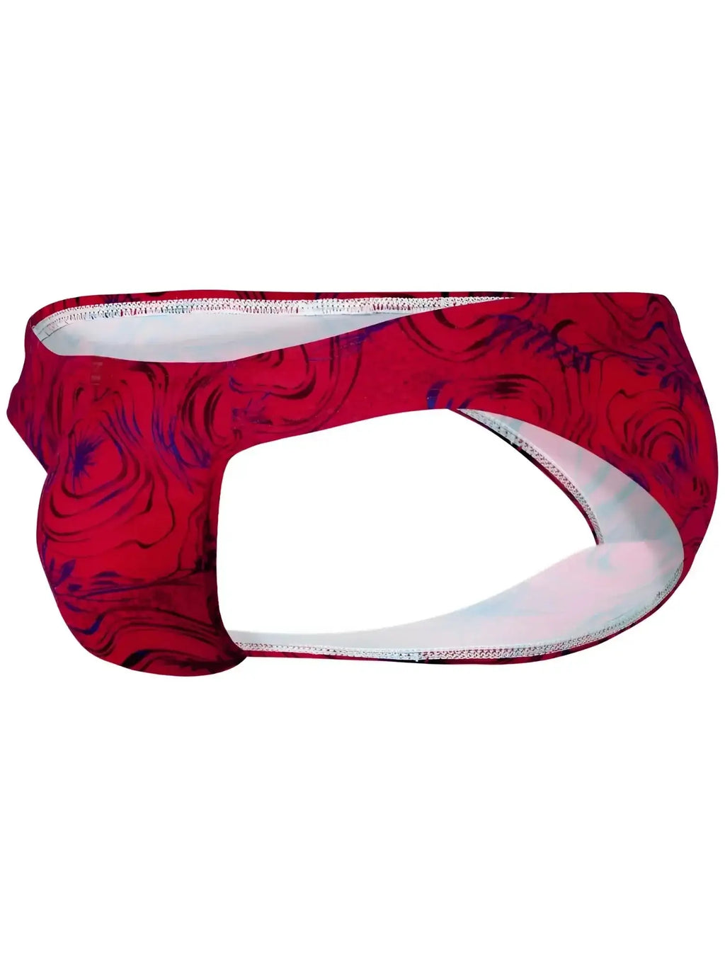 Side view of the red Clever 26028 Helion bikini underwear with a bold, vibrant modern pattern.