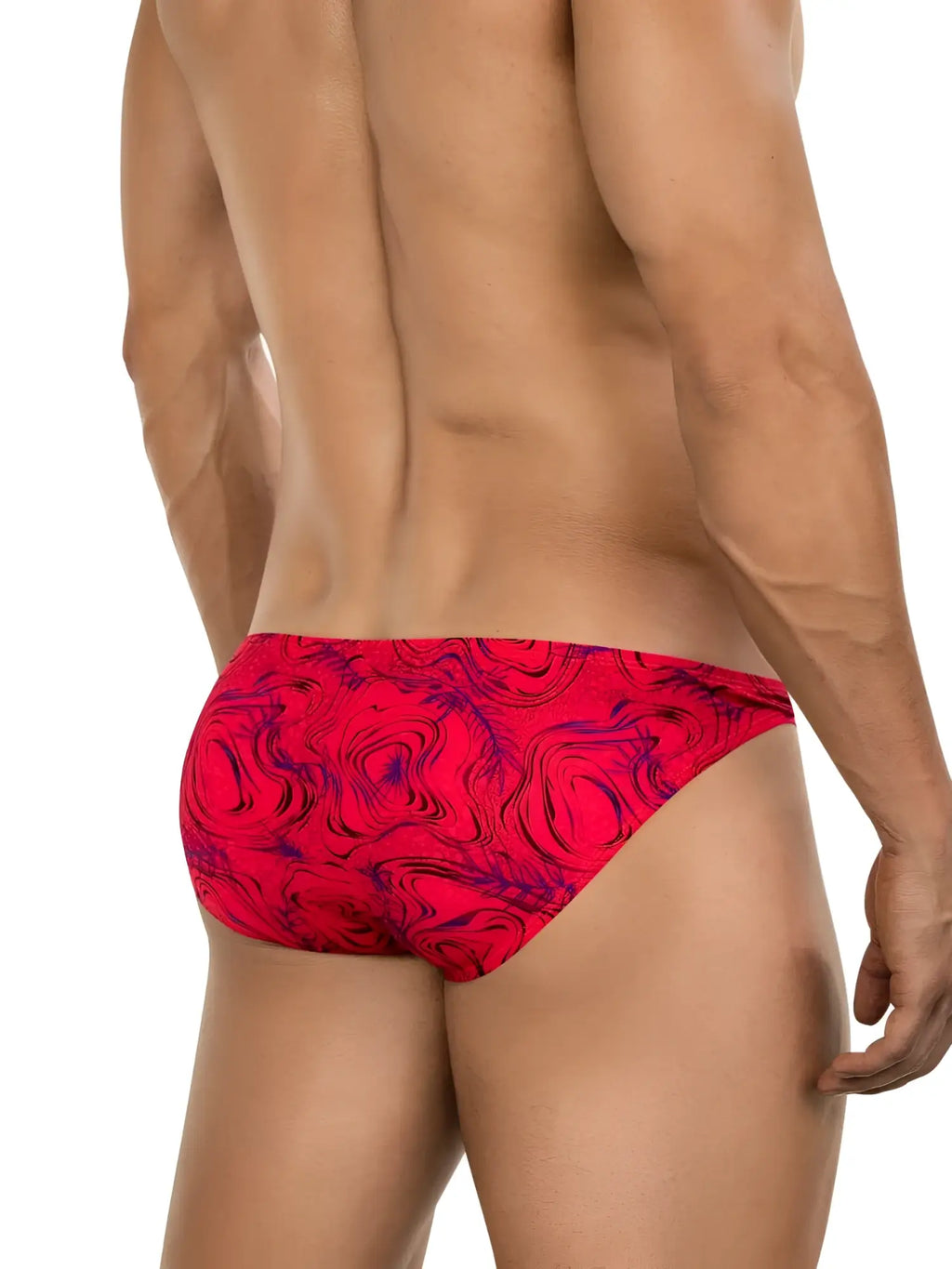 Clever 26028 Helion Bikini in red, back view showing the vibrant patterned underwear on a fit model.