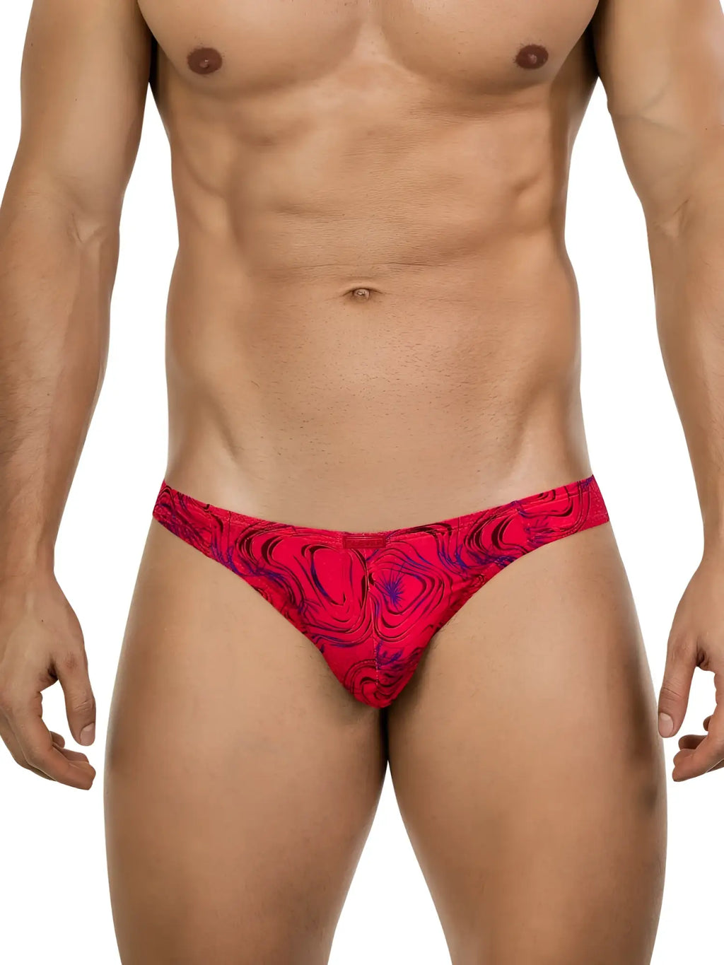 Front view of Clever 26028 Helion red bikini underwear with bold, vibrant pattern.