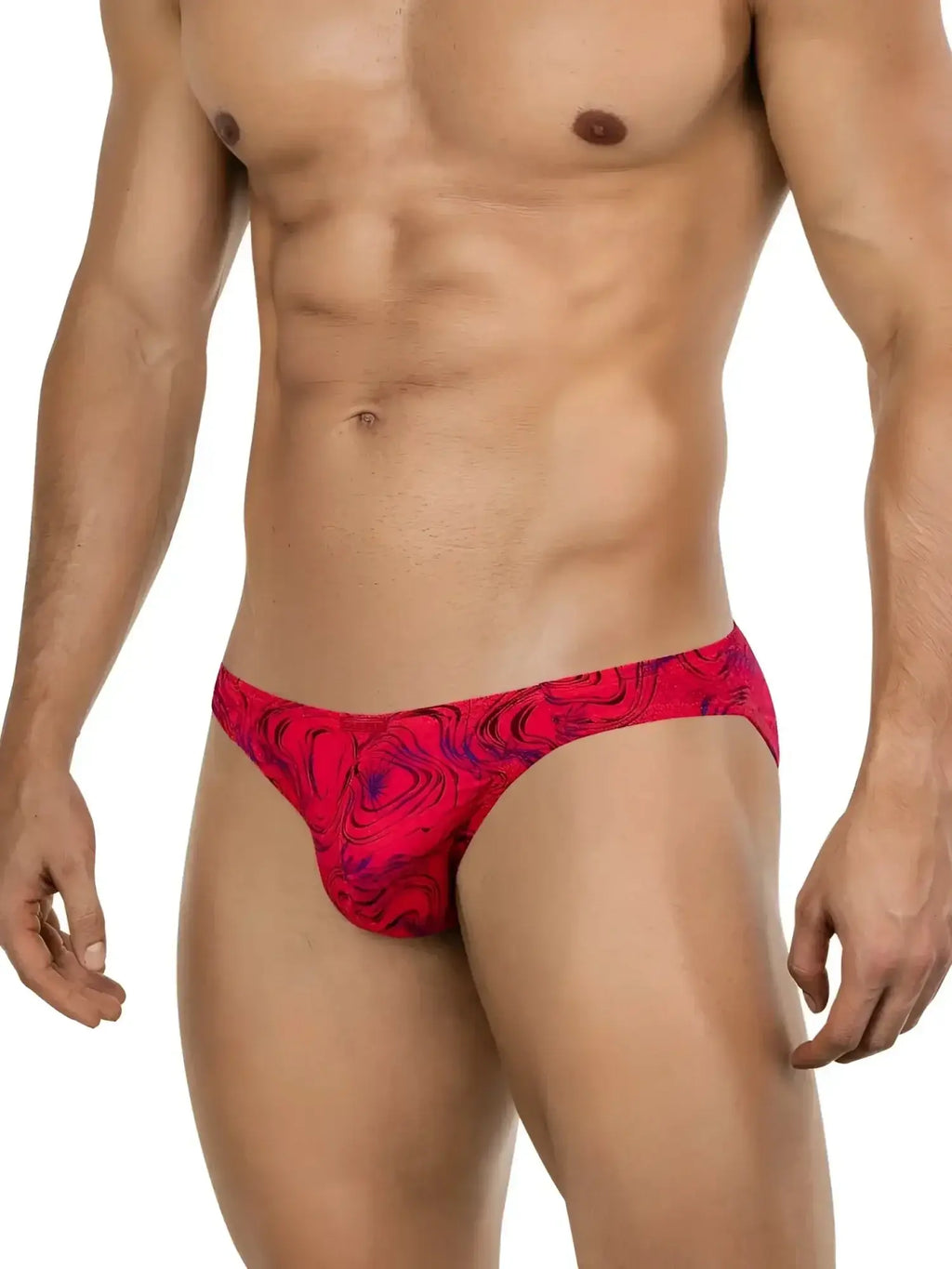 Front view of the red Clever 26028 Helion Bikini with a bold, vibrant modern pattern on a male model.