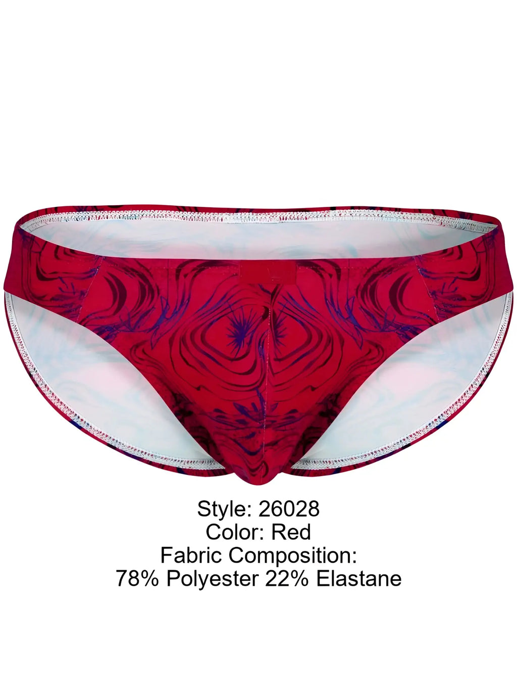 Front view of the red Clever 26028 Helion bikini underwear with a bold, vibrant modern pattern.