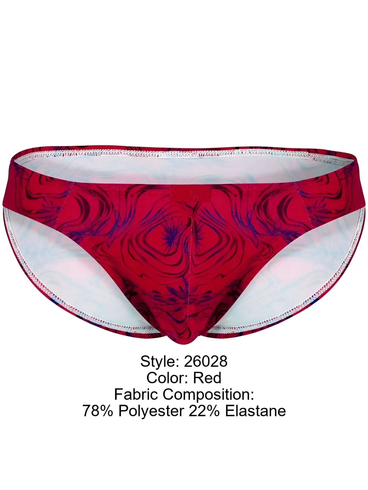 Front view of the red Clever 26028 Helion bikini underwear with a bold, vibrant modern pattern.