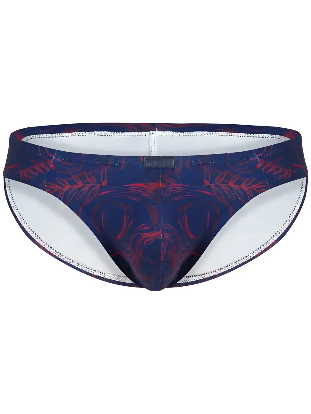 Front view of the Clever 26029 Helion Bikini in vibrant blue with a red leaf pattern.
