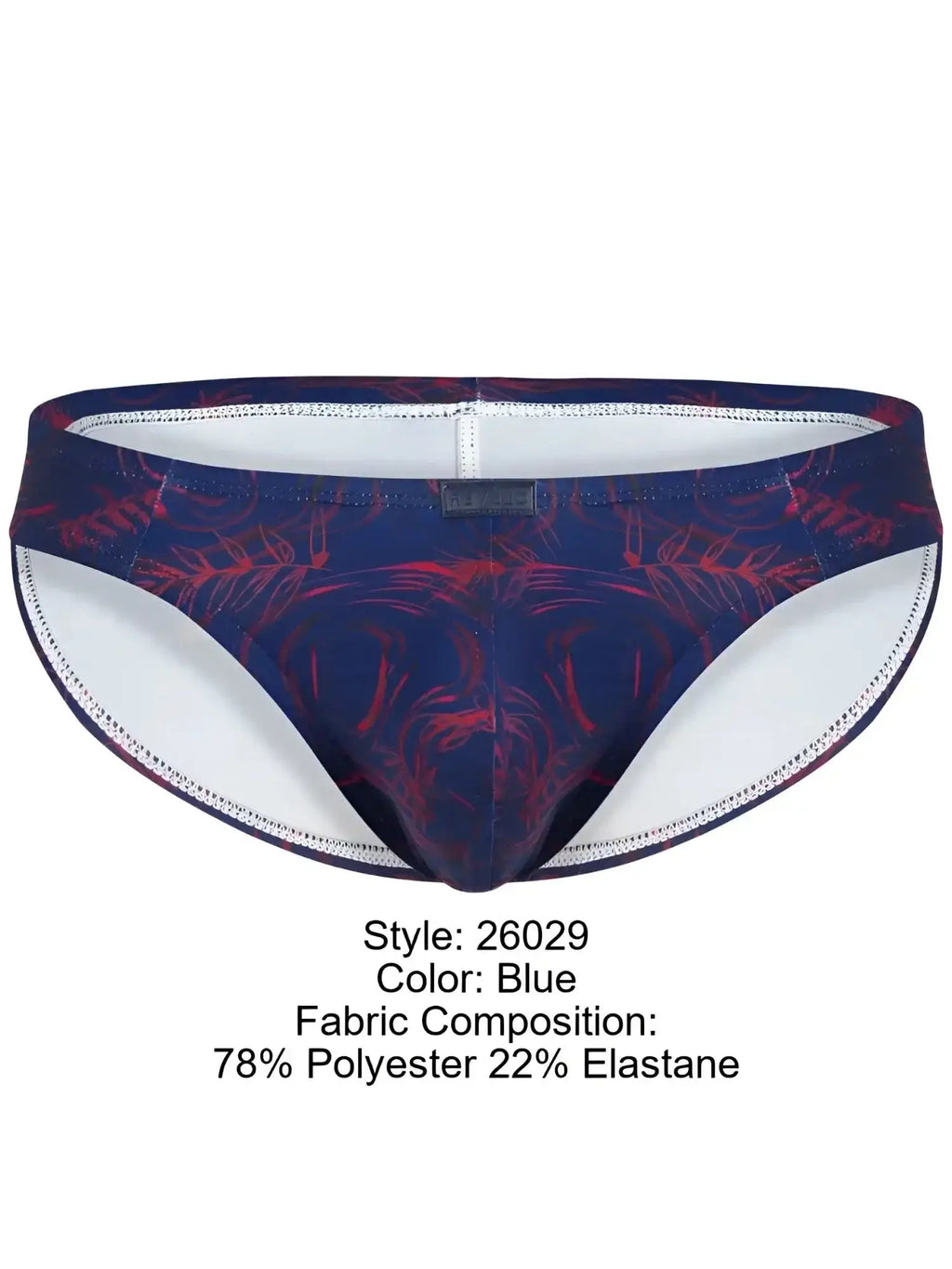 Front view of the blue Clever 26029 Helion Bikini with a red leaf pattern.