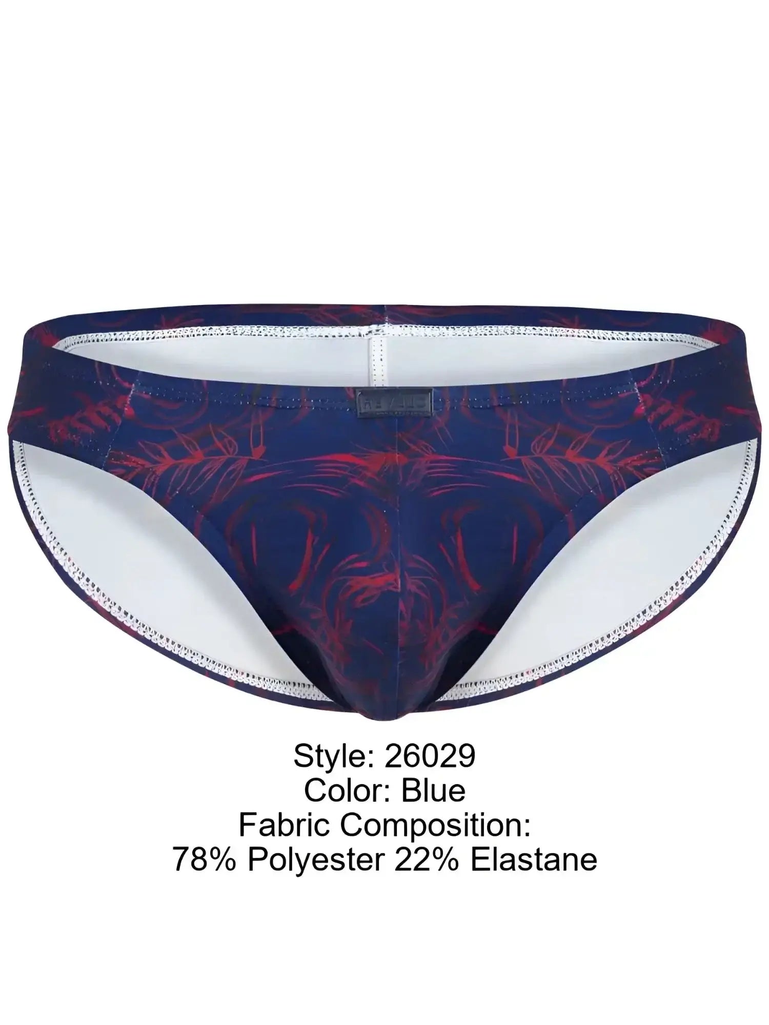 Front view of the blue Clever 26029 Helion Bikini with a red leaf pattern.