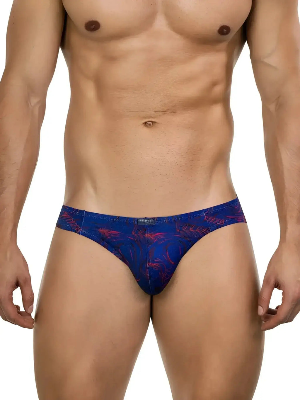 Front view of the vibrant blue Clever 26029 Helion Bikini with a red abstract print.