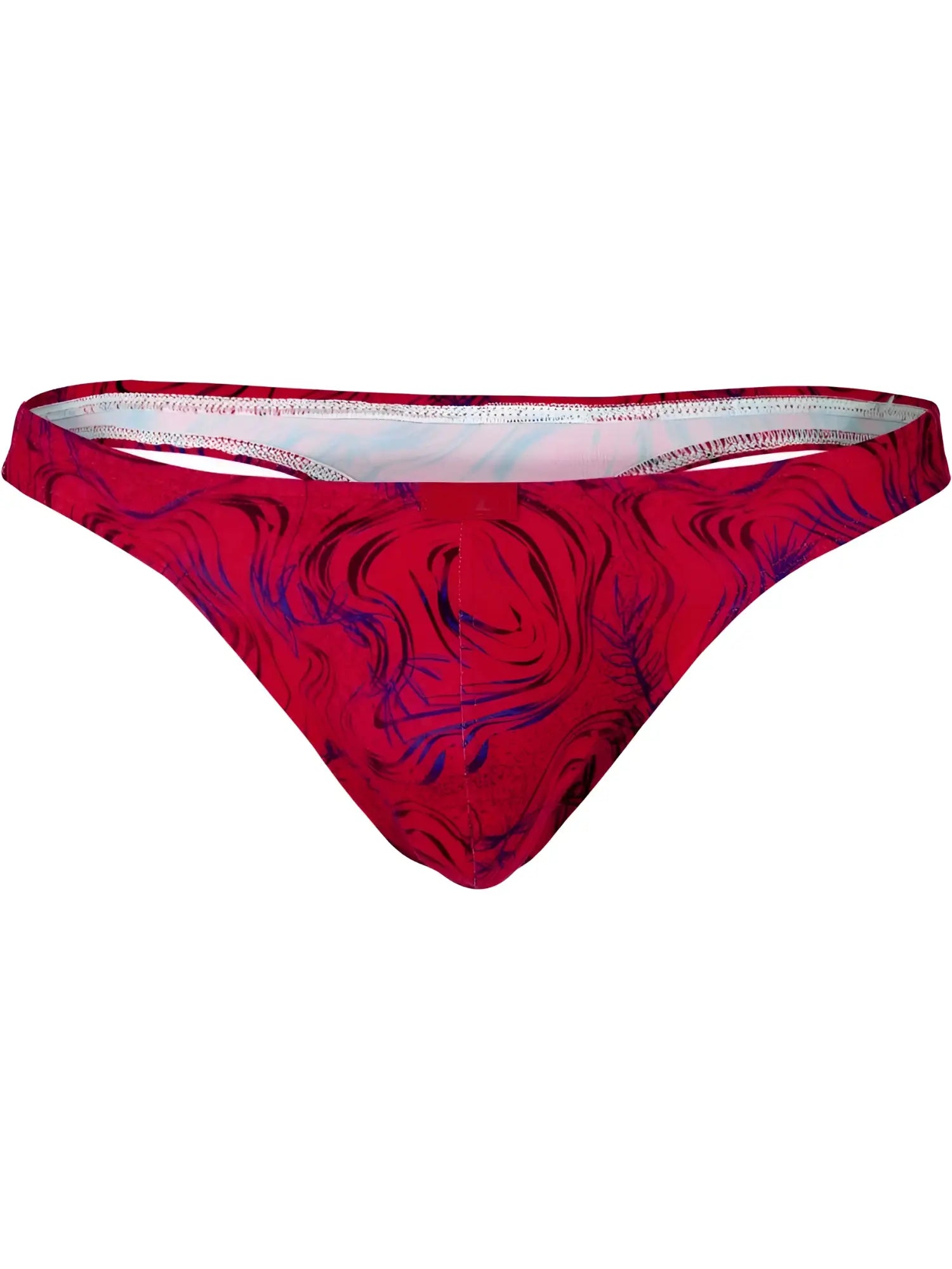 Front view of the Clever 26030 Helion thong in vibrant red with a blue swirl pattern.