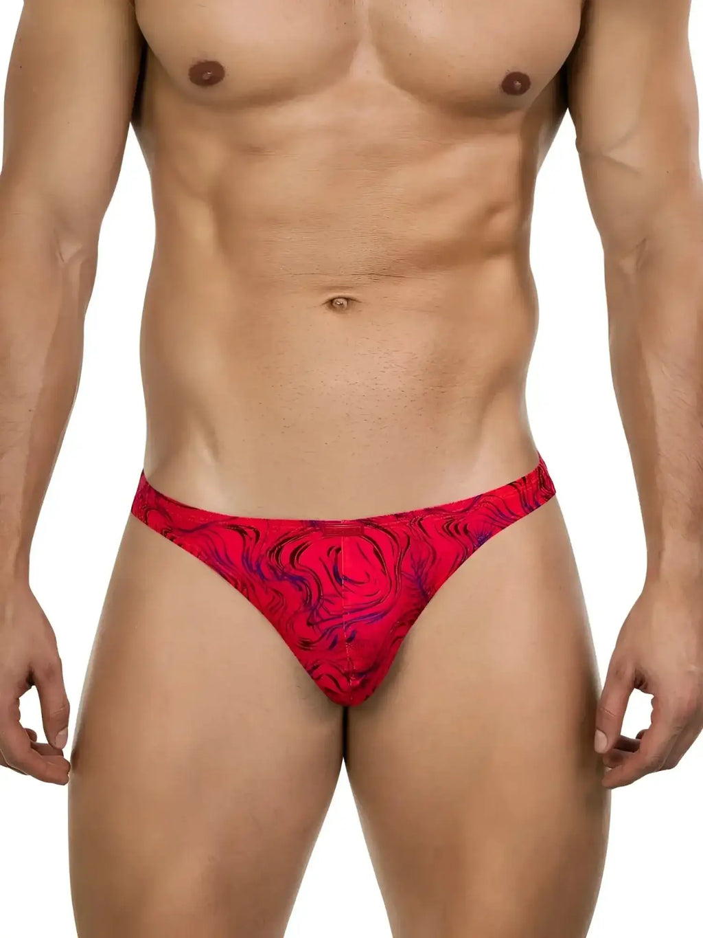 Front view of Clever 26030 Helion thong in vibrant red with a bold marbled pattern on a model.
