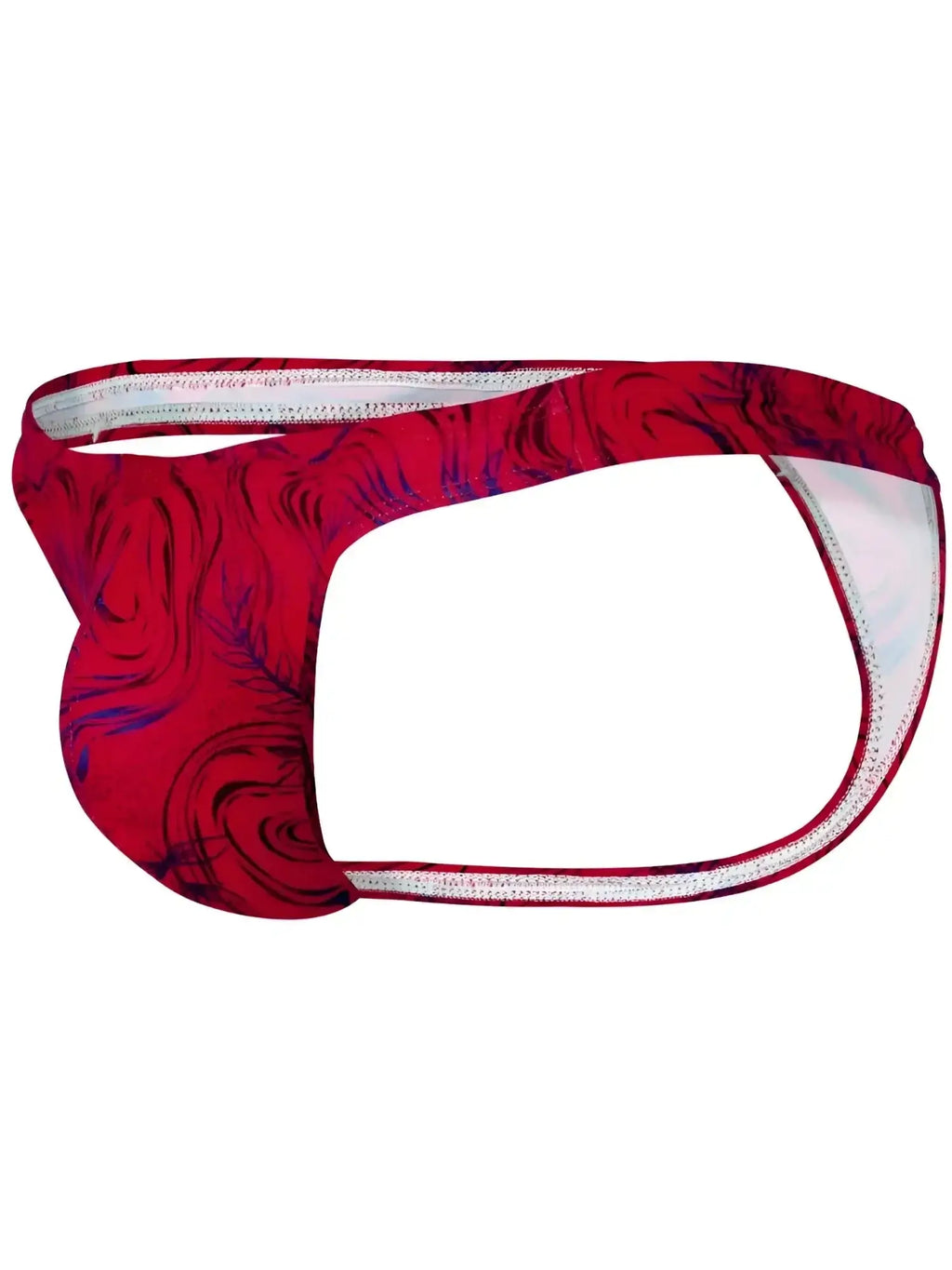 Side view of the red Clever 26030 Helion thong with a bold, vibrant patterned design.
