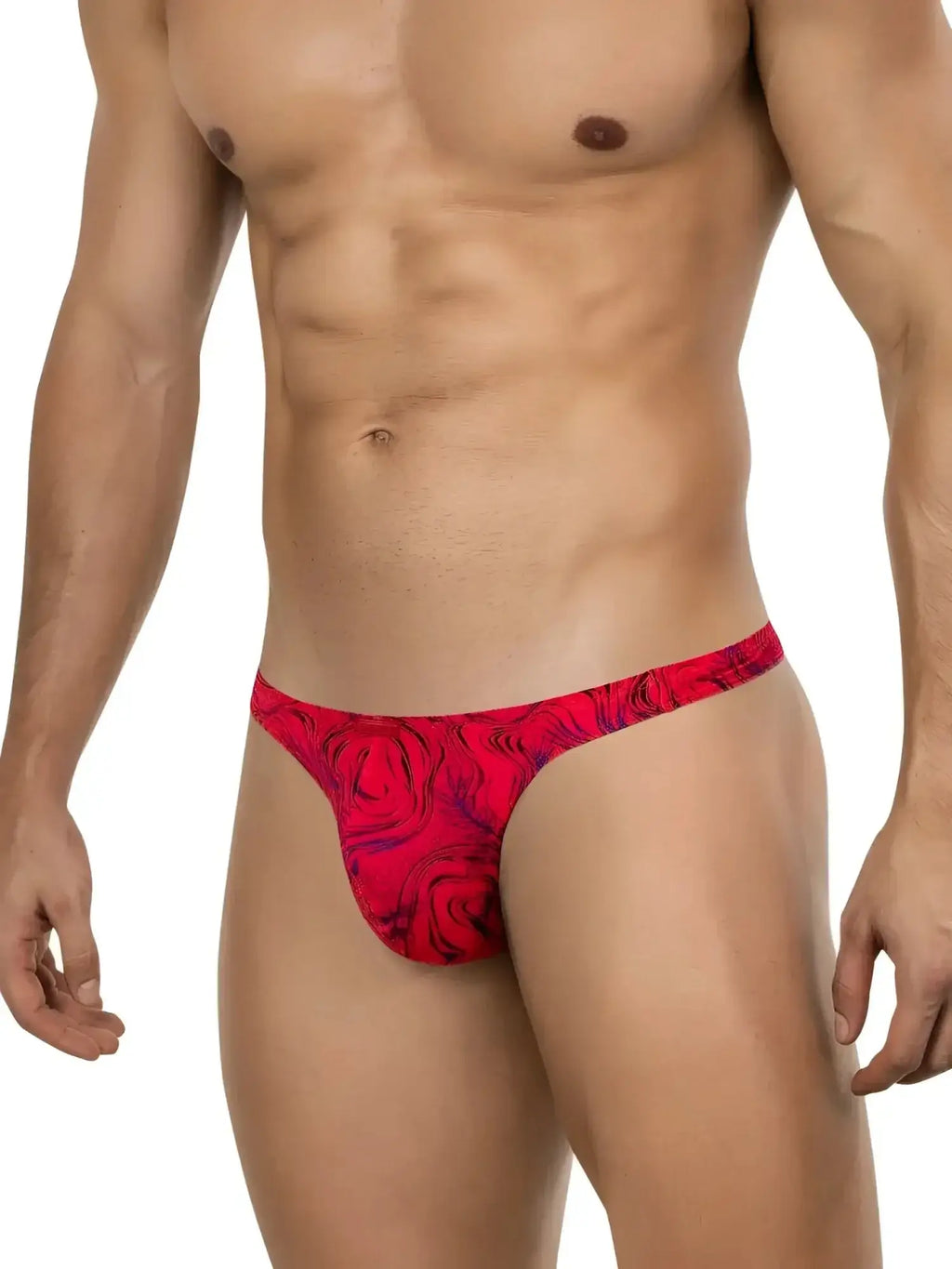 Front view of Clever 26030 Helion Thong in red with a bold, vibrant swirl pattern on a male model.