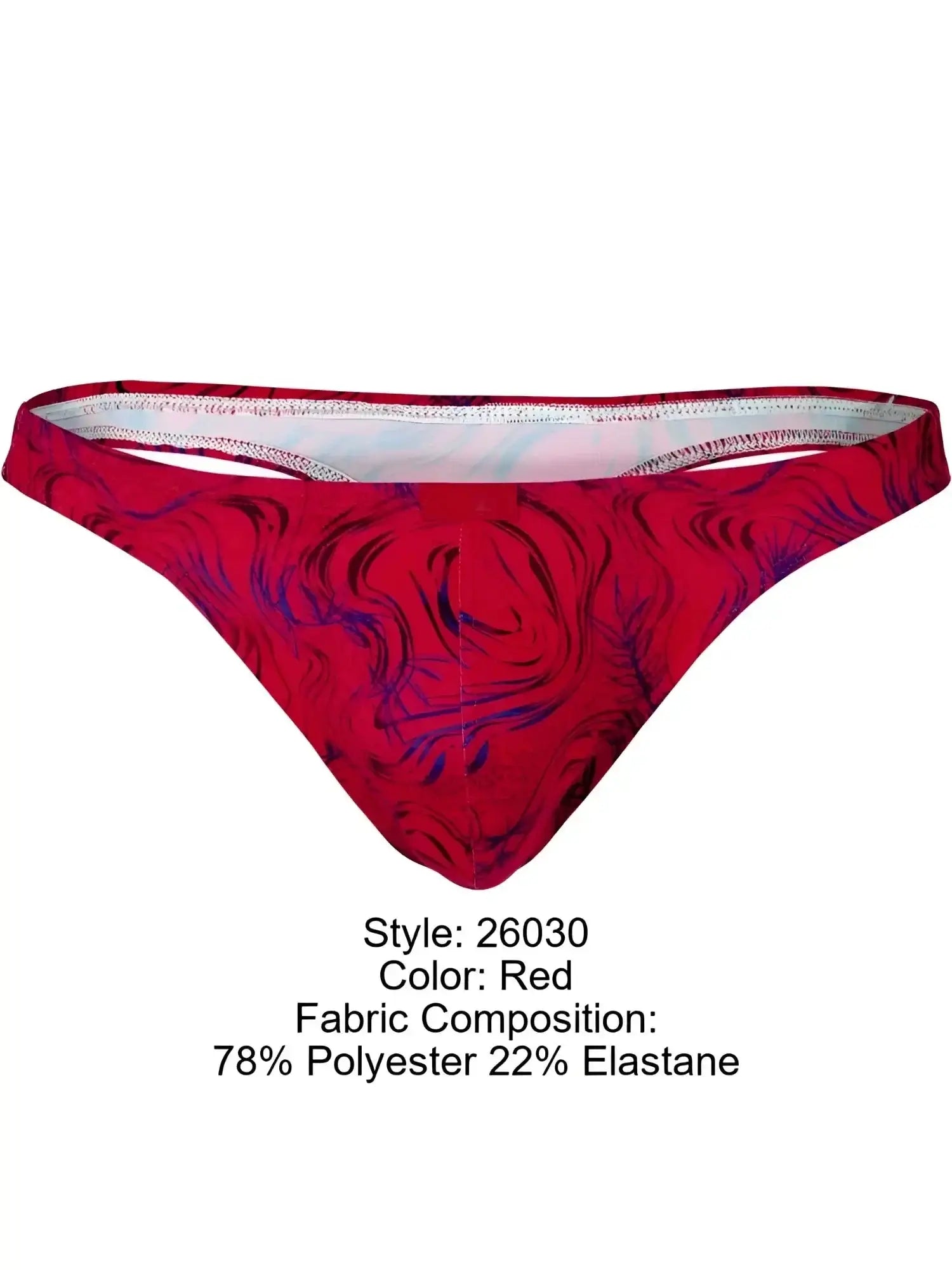 Clever 26030 Helion thong in red with a vibrant pattern. Front view of men's thong underwear.