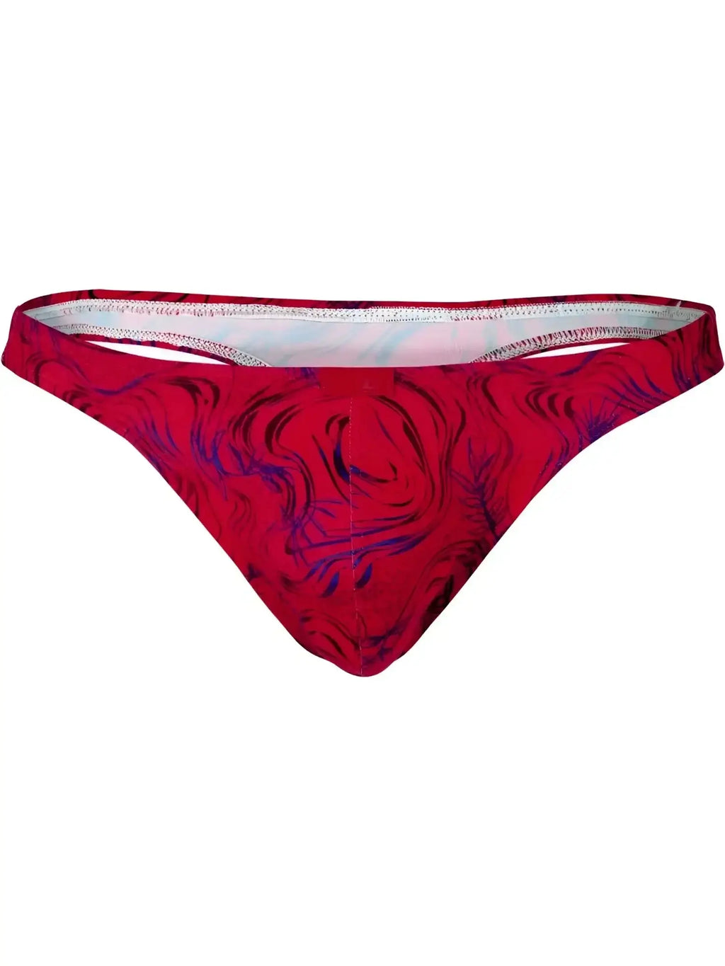 Front view of the Clever 26030 Helion thong in vibrant red with a blue swirl pattern.
