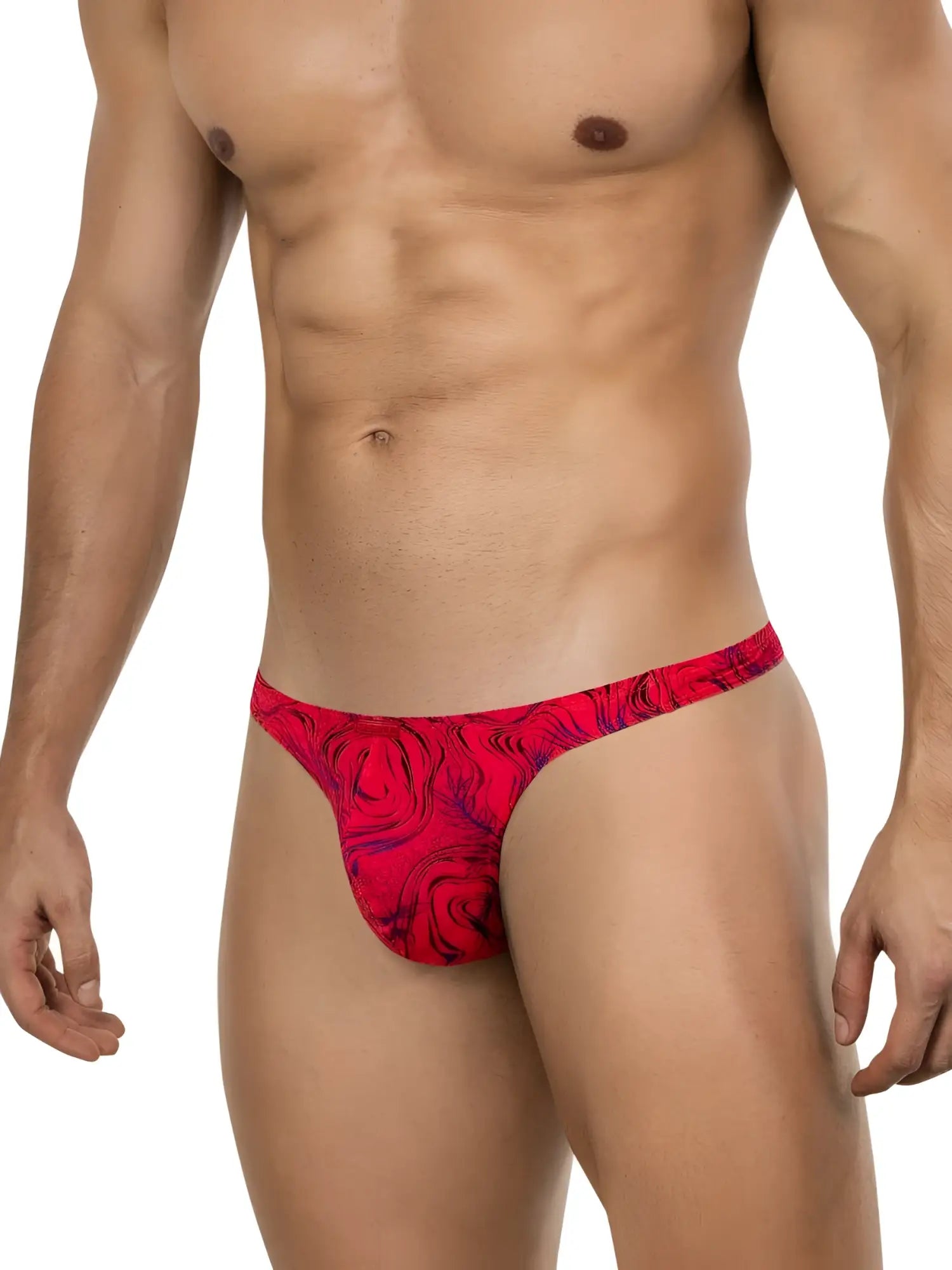 Front view of Clever 26030 Helion Thong in red with a bold, vibrant swirl pattern on a male model.