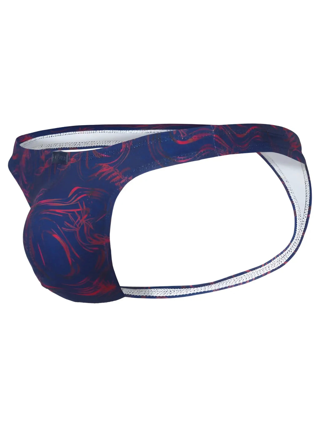 Clever 26031 Helion thong in blue, side profile view of men's underwear with red abstract pattern.