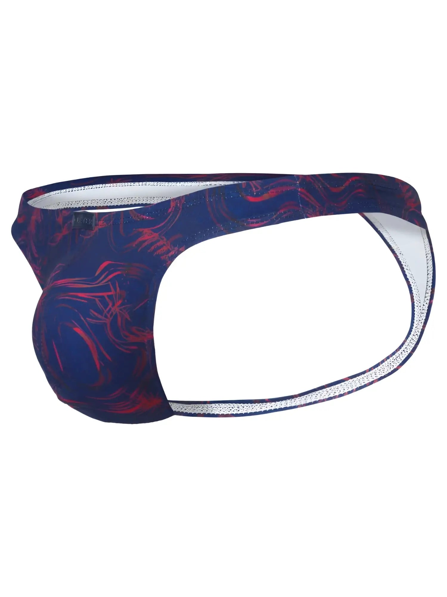 Clever 26031 Helion thong in blue, side profile view of men's underwear with red abstract pattern.