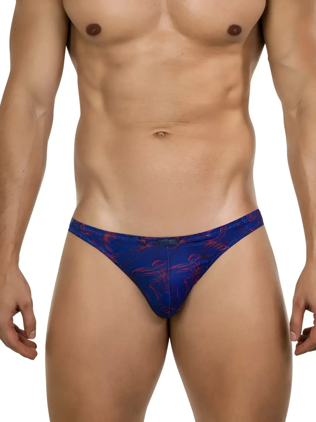 Clever 26031 Helion thong in blue, worn by a model. Front view of patterned G-string underwear.